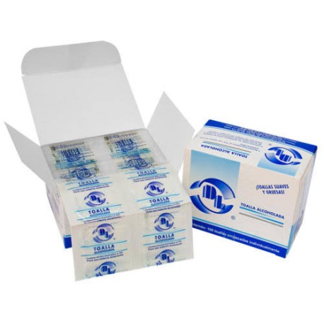 Toallas alcoholadas con alcohol isopropílico al 70%. Caja con 100