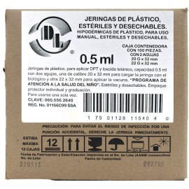 Jeringas de plástico para aplicar DPT 0.5 ml con dos agujas. Caja con 100 piezas