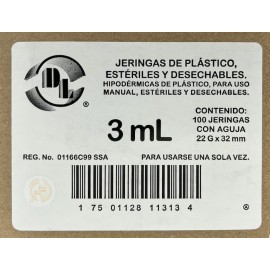 Jeringas de plástico 3 ml con aguja calibre 22 G x 32mm. Caja con 100 piezas.