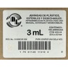 Jeringas de plástico 3 ml con aguja calibre 22 G x 32mm. Caja con 100 piezas.