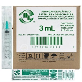 Jeringas de plástico 3 ml con aguja calibre 21 G x 32mm. Caja con 100 piezas.
