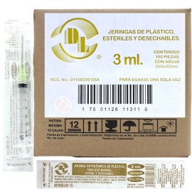 Jeringas de plástico 3 ml con aguja calibre 20 G x 32mm. Caja con 100 piezas.