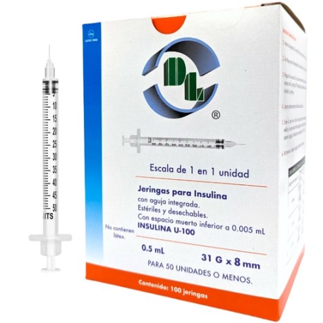 Jeringa unibody para insulina 0.5 ml. con aguja calibre 31x08 caja con 100 piezas,Jeringa para vacuna Hepatitis "B" 1.0 ml con 
