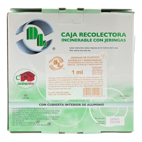 Jeringa para vacuna Hepatitis "B" 1.0 ml con dos agujas Caja con 50 Piezas.