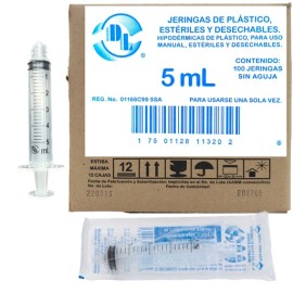 Jeringa de plástico 5 ml sin aguja. Caja con 100 piezas