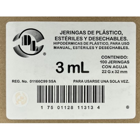 Jeringas de plástico 3 ml con aguja calibre 22 G x 32mm. Caja con 100 piezas.