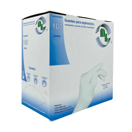 Guantes de látex para exploración, ambidiestro estériles, mediano. Caja con 100 piezas.